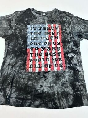 LuLaRoe Large Tie-Dye Black Graphic Tee with Flag Print